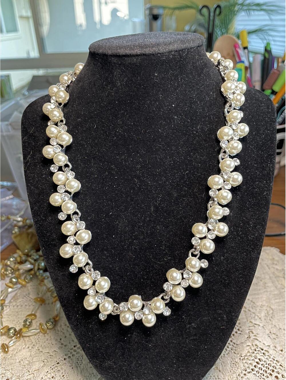 Vintage Faux Pearl & Rhinestone Cluster Necklace